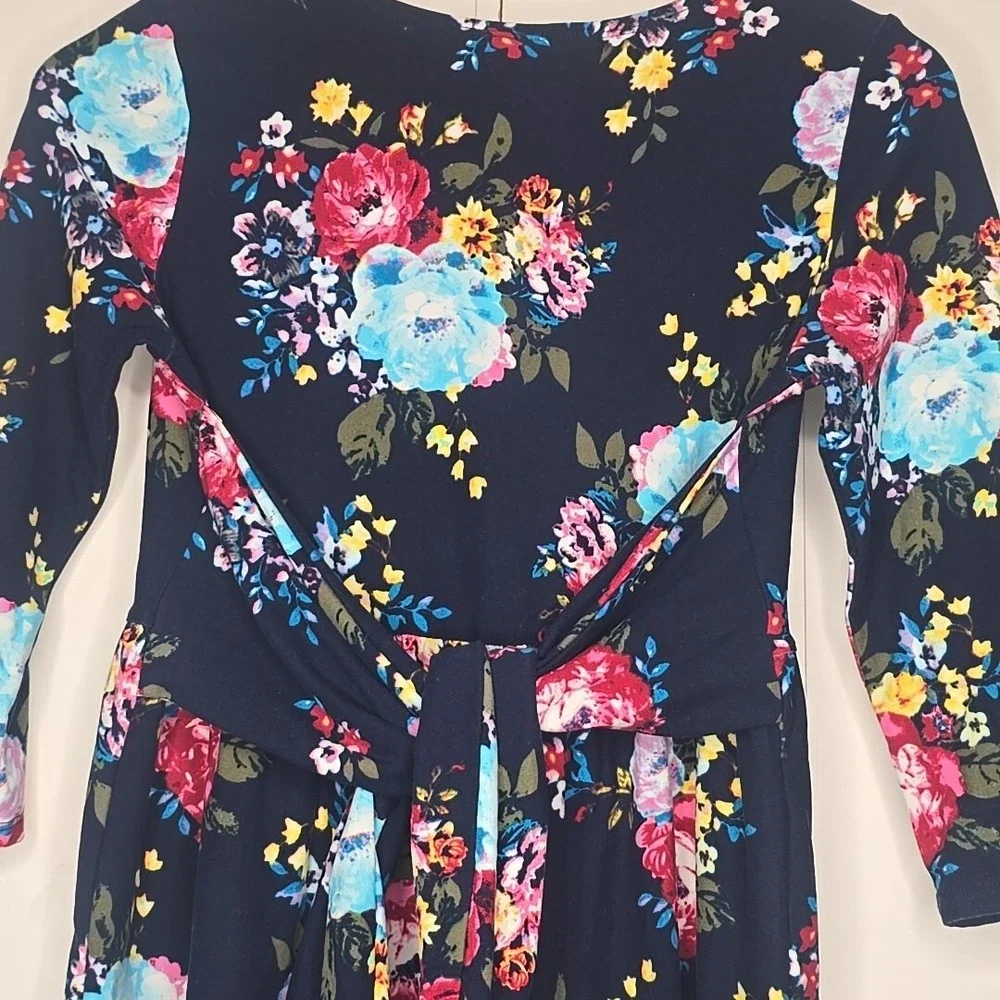 Justice Floral Fit and Flare Dress Kids Size 14‎ Navy Blue Cottagecore Spring